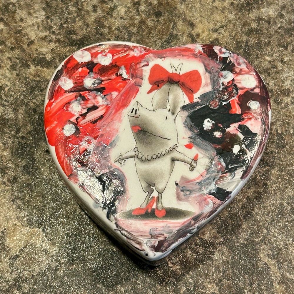 Heart-Shaped Decorative Box with Pig Design